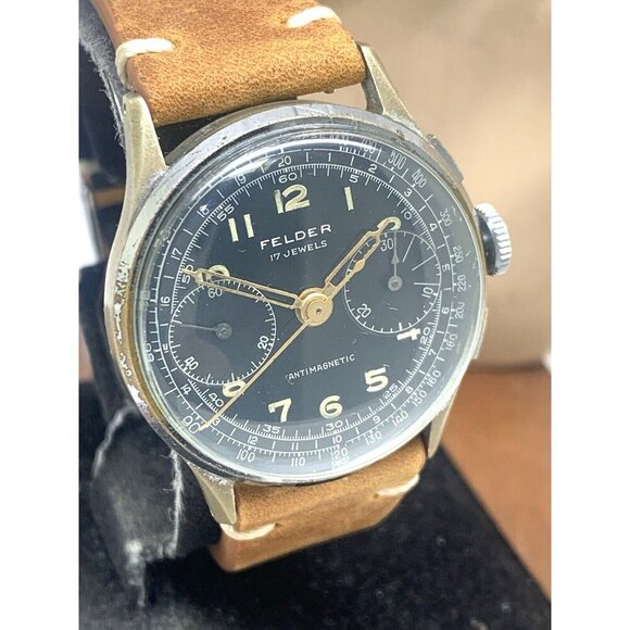 Felder Delbana Men's Watch Vintage Swiss Manual Wind WWII Chronograph Black Dial - Picture 14 of 15